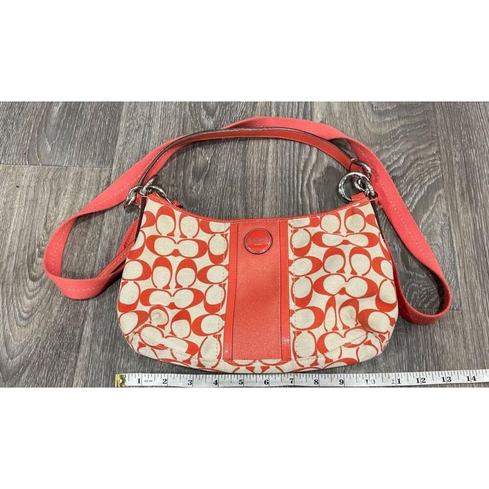 COACH Signature Jacquard Coral Orange Beige Tan Shoulder Crossbody Bag Purse